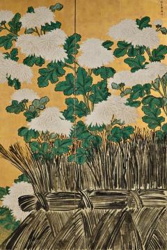 Omori Soun 18th Century Japanese Screen Pair One Hundred Flowers Chrysanthemums - 4478563