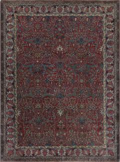 One of a Kind Antique Persian Tehran Botanic Red Blue Handmade Wool Rug - 2453651