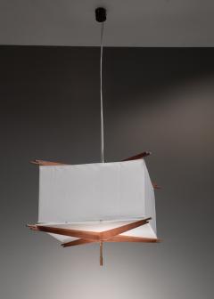 One of five wood and fabric pendant lamps Italy 1950s - 2197054