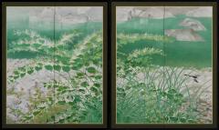 Ono Tosei Japanese Screen Pair Showa era Nihonga Riverside landscape Late Summer - 4687503