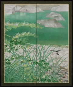 Ono Tosei Japanese Screen Pair Showa era Nihonga Riverside landscape Late Summer - 4687511