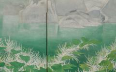 Ono Tosei Japanese Screen Pair Showa era Nihonga Riverside landscape Late Summer - 4687512