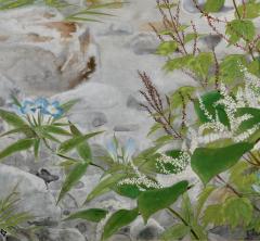 Ono Tosei Japanese Screen Pair Showa era Nihonga Riverside landscape Late Summer - 4687514