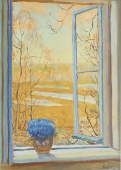 Open Window with Flowers Painting Belgium Early 20th Century - 4396928