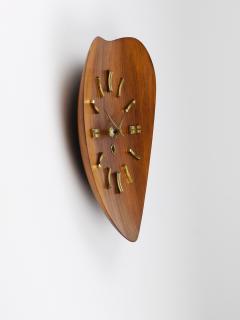 Organic Scandinavian Modern Mid Century Wall Clock Teak Brass 1950s - 4406495
