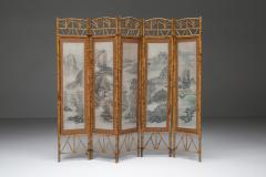 Oriental Bamboo Fabric Room Divider 1960s - 2315696