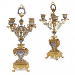 Oriental style gilt bronze and champlev enamel clock set - 3743846