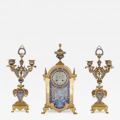 Oriental style gilt bronze and champlev enamel clock set - 3744989