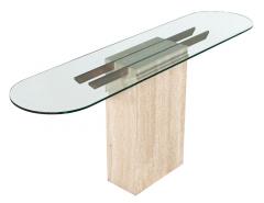 Original Italian Travertine Console Table with Glass Top and Brass Detailing - 2535968