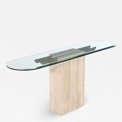 Original Italian Travertine Console Table with Glass Top and Brass Detailing - 2541158