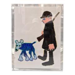 Original Makan Negahban Dog Painting on Paper in Lucite Frame - 4453015