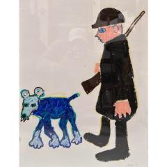 Original Makan Negahban Dog Painting on Paper in Lucite Frame - 4453040