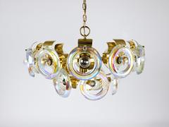 Oscar Torlasco Oscar Torlasco Large Brass Chandelier Optical Rainbow Glass Rings Italy 1970s - 4298770