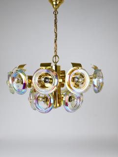Oscar Torlasco Oscar Torlasco Large Brass Chandelier Optical Rainbow Glass Rings Italy 1970s - 4298773