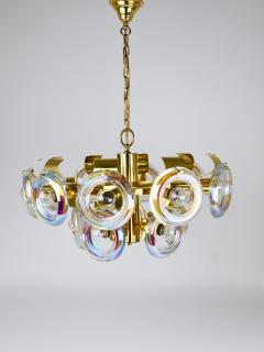 Oscar Torlasco Oscar Torlasco Large Brass Chandelier Optical Rainbow Glass Rings Italy 1970s - 4298774