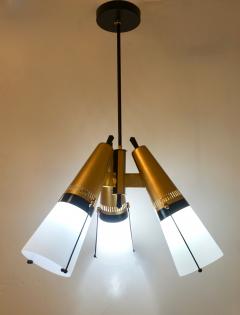 Oscar Torlasco Torlasco 1950s Italian Vintage Brass Black White Three Light Cone Chandelier - 1958673