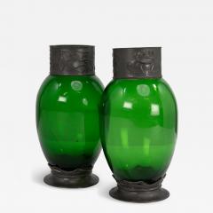 Osiris Pewter A Pair of Art Nouveau Pewter Green Glass Vases with Frog Decor - 4237622