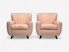Osvaldo Borsani Osvaldo Borsani attr Pink Linen Wood Large Lounge Chairs Italy 1950s - 4177591