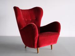 Otto Schulz Otto Schulz Wingback Chair in Red Velvet and Beech Boet Sweden 1946 - 3346843