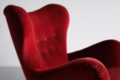 Otto Schulz Otto Schulz Wingback Chair in Red Velvet and Beech Boet Sweden 1946 - 3346847