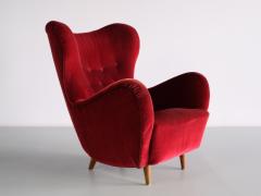 Otto Schulz Otto Schulz Wingback Chair in Red Velvet and Beech Boet Sweden 1946 - 3346851