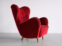 Otto Schulz Otto Schulz Wingback Chair in Red Velvet and Beech Boet Sweden 1946 - 3346854