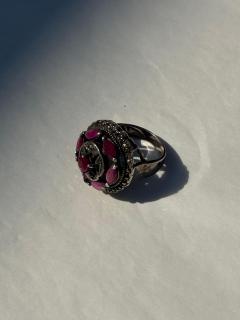 Ottoman Revival Sterling Silver Ring with Cherry Amethyst Colored Stones and Mar - 4088701