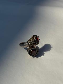 Ottoman Style Sterling Silver Ring with Red Stones and Gold Detailing - 4088705