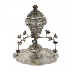 Ottoman filigreed silver and hardstone sweets dish - 2437321