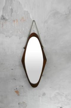 Oval mirror with wooden frame and leather cord details 1950s - 3999079