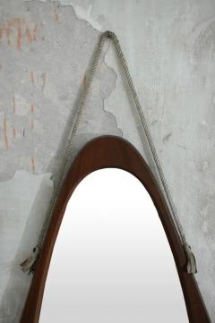 Oval mirror with wooden frame and leather cord details 1950s - 3999082