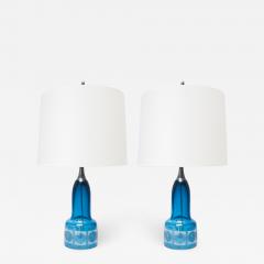 Ove Sandeberg Pair of Scandinavian Modern Blue Etched Glass Lamps by Ove Sandberg Kosta - 592320