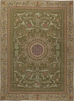 Oversized Antique Savonnerie Bold Botanic Green Hand Knotted Wool Carpet - 2455220