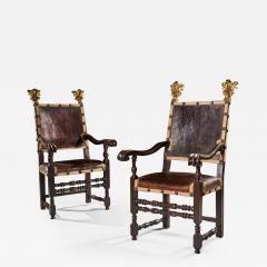 PAIR OF 17TH CENTURY ITALIAN BAROQUE PARCEL GILT WALNUT LEATHER ARMCHAIRS - 2557832