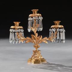 PAIR OF EARLY 19TH CENTURY GILT BRONZE AND LUSTRES THREE BRANCH CANDELABRA - 1985305