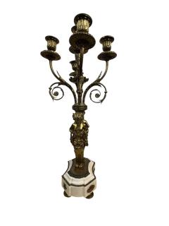 PAIR OF FRENCH 19TH CENTURY BRONZE MARBLE FIVE CANDLE CUP SATYR CANDELABRA - 4503216