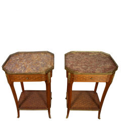 PAIR OF FRENCH LOUIS XVI STYLE INLAID MARBLE TOP NIGHT STANDS - 3537602