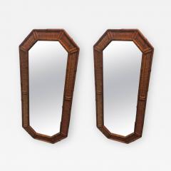 PAIR OF MODERN WOOD BAMBOO AND WICKER ELONGATED OCTAGONAL MIRRORS - 873230