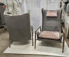 PAIR OF MODERNIST VELVET AND BRONZE WINGBACK ARMCHAIRS WITH BRONZE STRUCTURE - 3267922