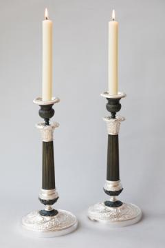 PAIR OF RESTAURATION PATINATED BRONZE AND BRONZE SILVER PLATED CANDLESTICKS - 3977569