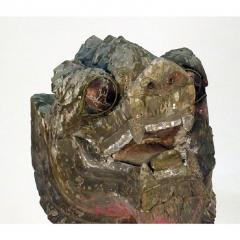 PAIR OF WOOD PALACE LIONS S E ASIA WEATHERED WITH MICA EYES - 1552068