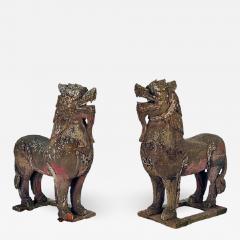 PAIR OF WOOD PALACE LIONS S E ASIA WEATHERED WITH MICA EYES - 1552732