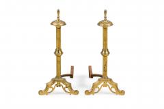 PAIR of English Georgian style brass fluted andirons with finial tops - 4408018