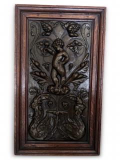 PAIR of French Victorian oak framed brass embossed cupid wall plaques - 4665492