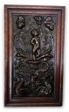 PAIR of French Victorian oak framed brass embossed cupid wall plaques - 4665493