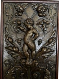 PAIR of French Victorian oak framed brass embossed cupid wall plaques - 4665495