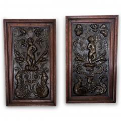 PAIR of French Victorian oak framed brass embossed cupid wall plaques - 4694569