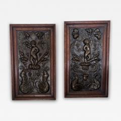 PAIR of French Victorian oak framed brass embossed cupid wall plaques - 4694596