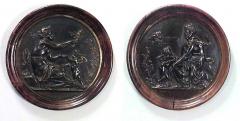 PAIR of French Victorian round walnut framed bronze wall plaques - 4658851