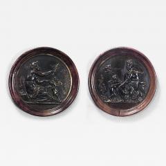 PAIR of French Victorian round walnut framed bronze wall plaques - 4690030